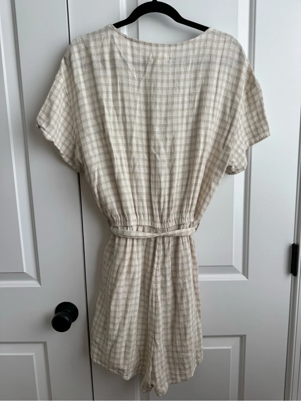 H&M L.O.G.G. Beige Gingham Linen Blend Tie Wrap Romper Size 14